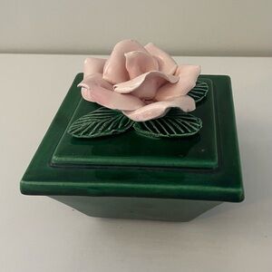 Green Ceramic Trinket Box with Pink Rose Lid